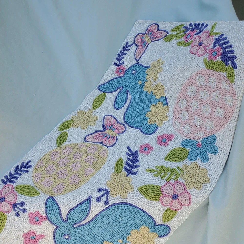 Bedding Craft Beaded Table Runner Easter Bunny Butterfly Floral Pastel 13x36